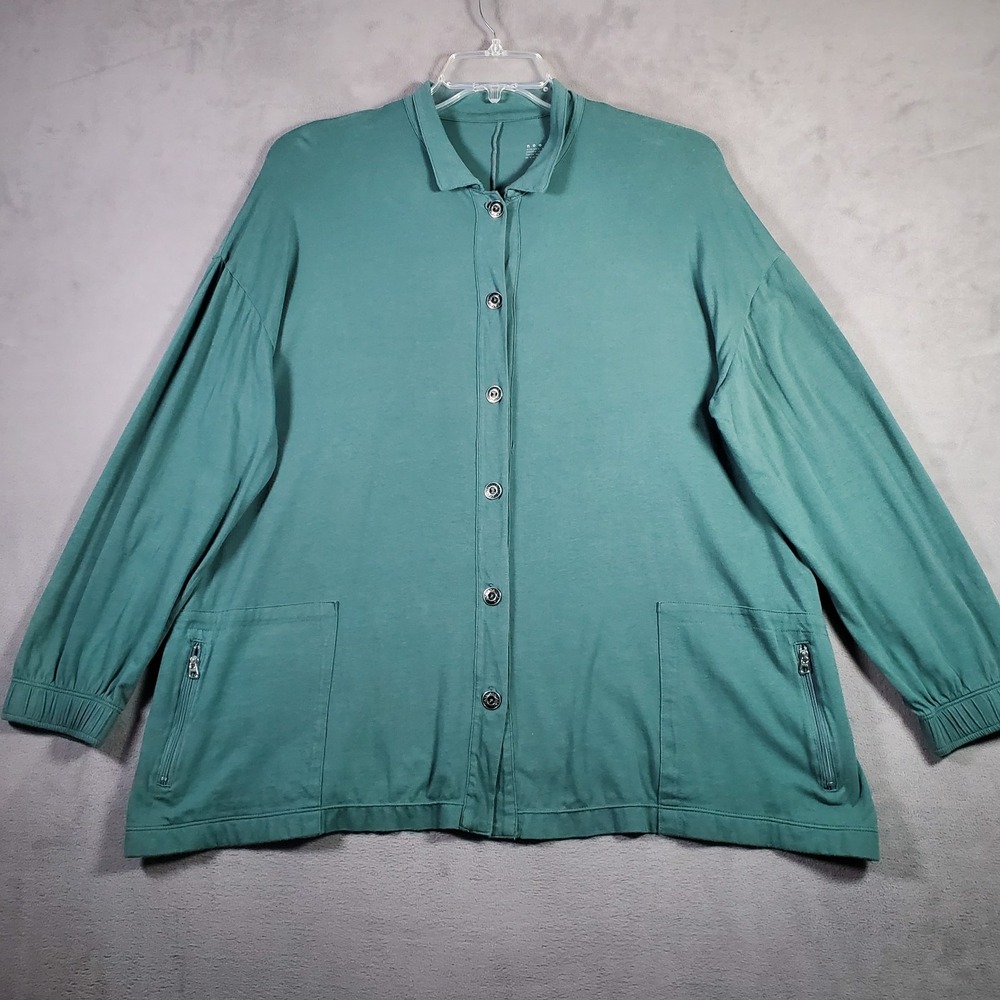 Neon Buddha Jacket Womens L Green Button Up Knit Zip Pocket Lagenlook Minimalist